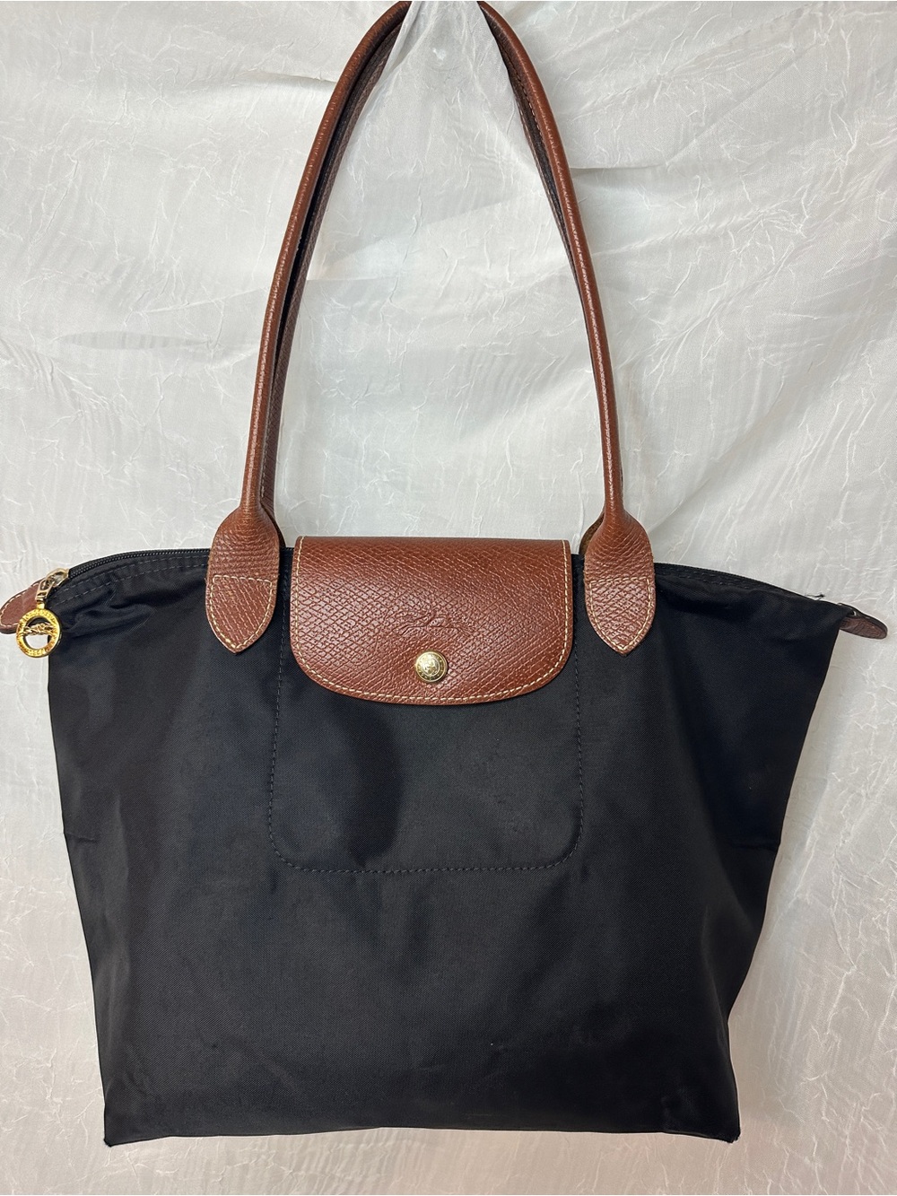 Longchamp La Pliage Classic Black Tote with Brown Leather Trim